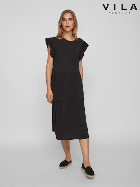 VILA Black Short Sleeve Jersey Tiered Midi Dress (F88568) | AED175