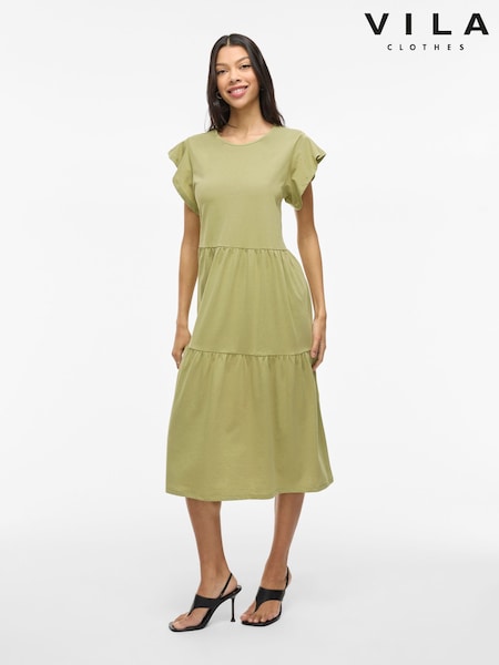 VILA Green Short Sleeve Jersey Tiered Midi Dress (F88569) | €37