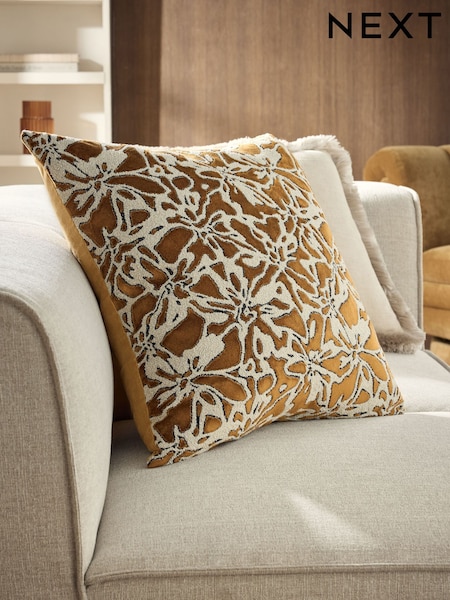 Ochre Yellow 50 x 50cm Velvet Abstract Floral Cushion (F88577) | €36