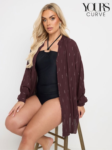 חום - Yours Curve Stand Collar Beach Shirt (F88594) | ‏146‏₪