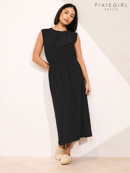 PixieGirl Petite Black Shirred Waist Midi Dress (F88600) | €50