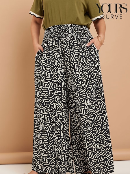 Yours Curve Black Shirred Waist Wide Leg Trousers (F88607) | €39