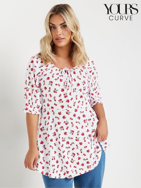 Yours Curve Short Sleeve Milkmaid Textured Floral Print Blouse (F88620) | €46