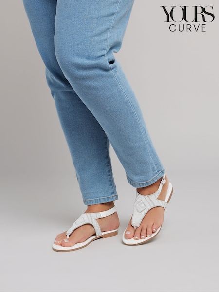 Yours Curve White Wide Fit Beaded T-Bar Sandals (F88650) | €47