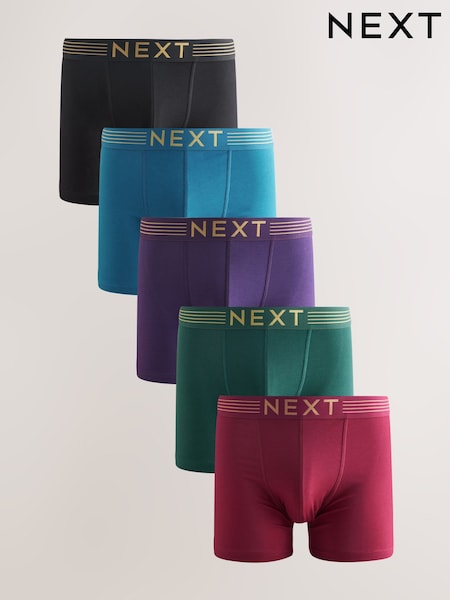Pink/ Blue/ Green Gold Waistband 5 Pack Cotton Rich Trunk Boxers (F88684) | R$ 280