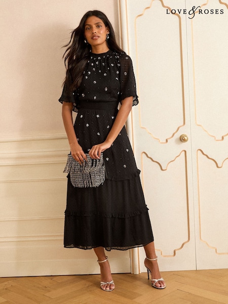 Schwarz, verziert - Love & Roses Angel Sleeve Midi Dress (F88695) | 123 €
