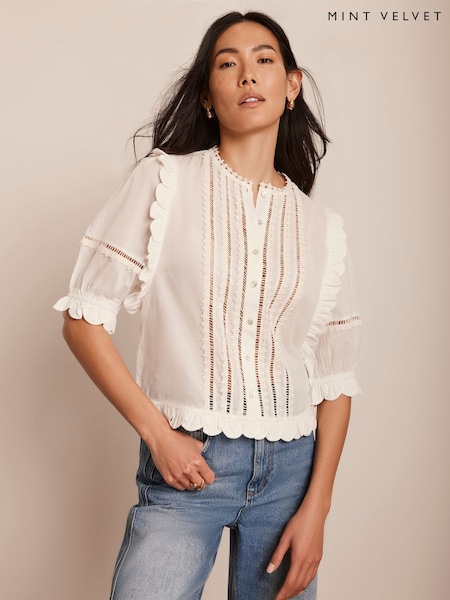 Mint Velvet White Ruffle Trim 100% Cotton Top (F88712) | ₪448