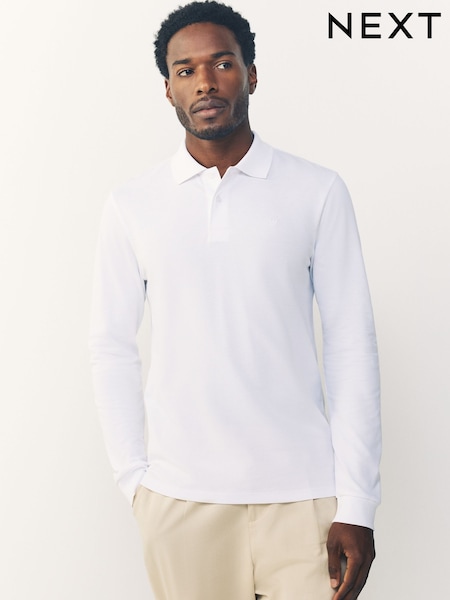 White Slim Fit Long Sleeve Pique Polo Shirt (F88719) | AED96