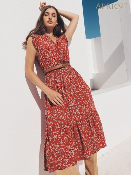 Apricot Red Watercolour Ditsy Frill Wrap Dress (F88737) | €59