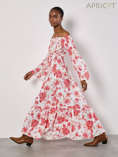 Apricot Pink Floral Print Fluted Sleeve Maxi Dress (F88740) | €63