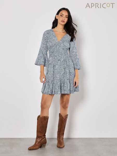 Apricot Blue Metallic Dobby Flute Sleeve Dress (F88741) | €58