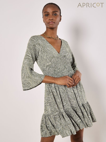 Apricot Green Metallic Dobby Flute Sleeve Dress (F88744) | €58