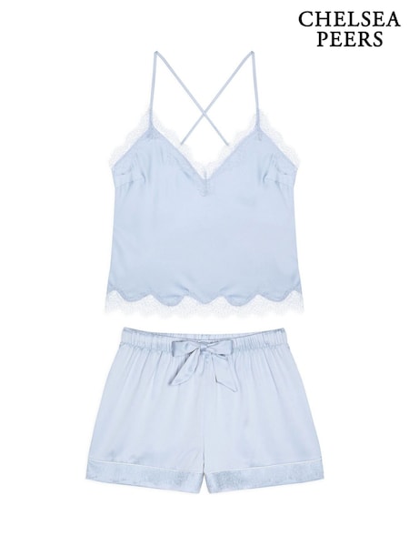 Chelsea Peers Blue Satin Lace Trim Cami Short Pyjama Set (F88854) | €50