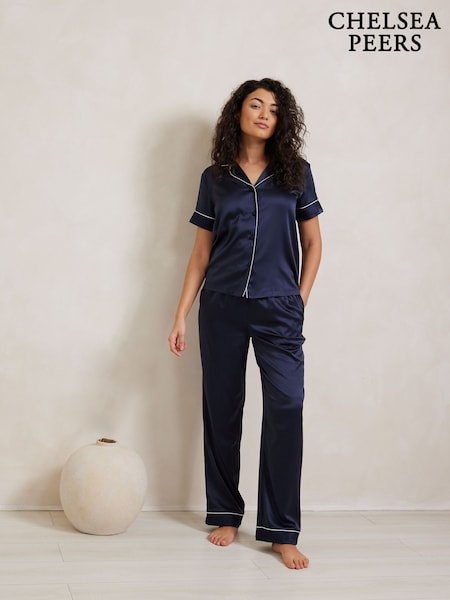 Chelsea Peers Blue Satin Lace Trim Short Sleeve Long Pyjama Set (F88864) | ₪277