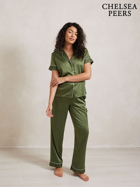 Chelsea Peers Green Satin Lace Trim Short Sleeve Long Pyjama Set (F88865) | ₪277