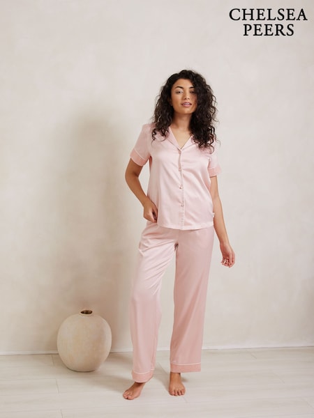 Chelsea Peers Pink Satin Lace Trim Short Sleeve Long Pyjama Set (F88872) | 3,304 UAH
