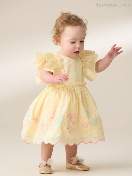 Angel & Rocket Yellow Lina Frill Sleeve 100% Cotton Dress With Bloomer (F89021) | €37