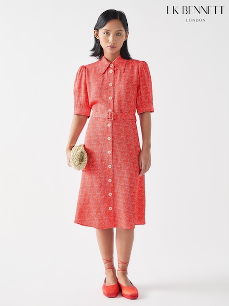 LK Bennett Red Petite Valerie Viscose Swirl Print Viscose Crepe Shirt Dress (F89043) | €381