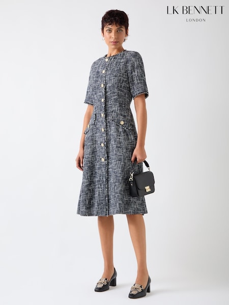 LK Bennett Blue Suzie Cotton Blend Tweed Button Through Dress (F89044) | kr4 983