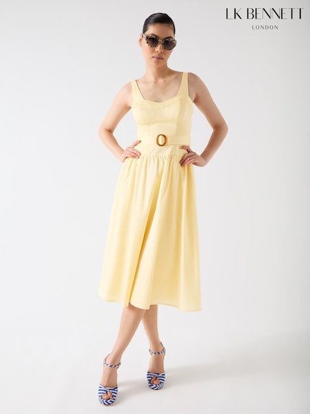LK Bennett Yellow Alessia Italian Straw Multi 100% Cotton Belted Bustier Dress (F89046) | €318