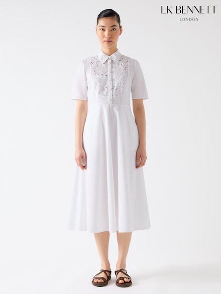 LK Bennett White Grace 100% Cotton Embroidered Lace Panel Bib Dress (F89051) | €318