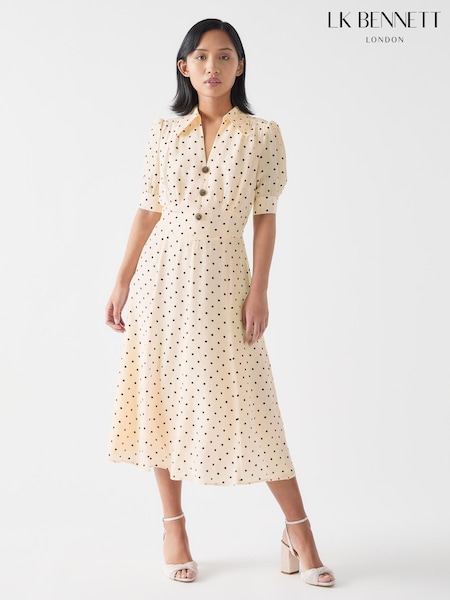 LK Bennett Cream Sophie Petite Viscose Blend 30'S Polka Dot Print Collared Dress (F89059) | €510