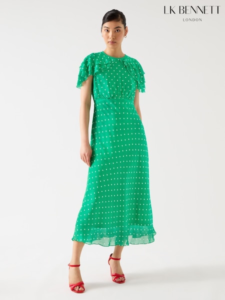 LK Bennett Ellen Jelly Bean & Birch Viscose Polka Dot Print Frill Collar Dress (F89060) | 2,227 LEI