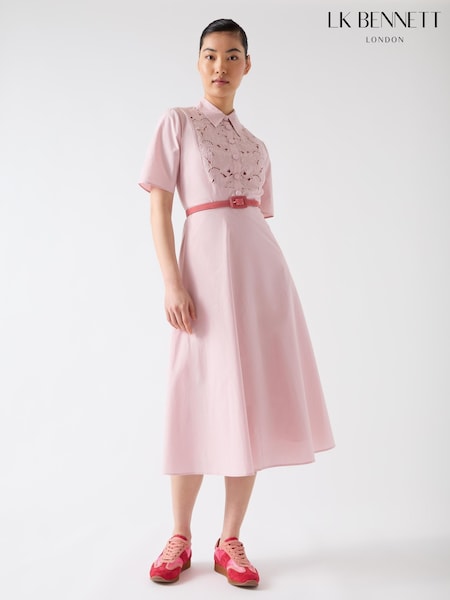 LK Bennett Pink Grace 100% Cotton Embroidered Lace Panel Bib Dress (F89061) | €318