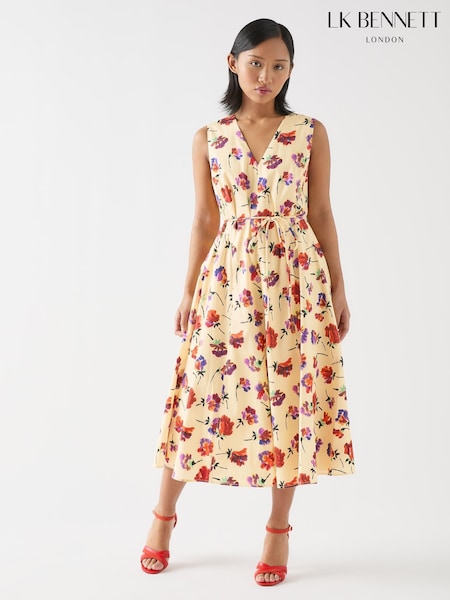 LK Bennett Cream Petite Gaia Birch Multi Cotton Ikat Flower Panelled Cotton Dress (F89063) | ₪1,252