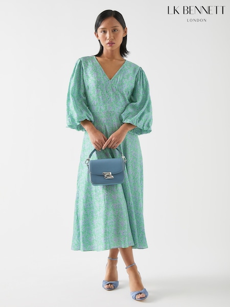 LK Bennett Green Lola Petite Birch Viscose Blend Blossom Print Jacquard Dress With Statement Sleeve (F89064) | €510