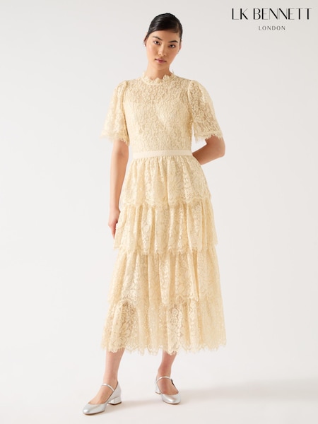 LK Bennett White Cecily Blend Lace Tiered Maxi Dress (F89065) | R$ 4,925
