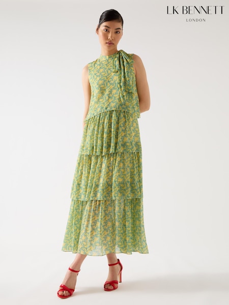 LK Bennett Yellow Petite Kristin Italian Straw Multi Viscose Blossom Print Tiered Georgette Dress (F89066) | 1,975 QAR