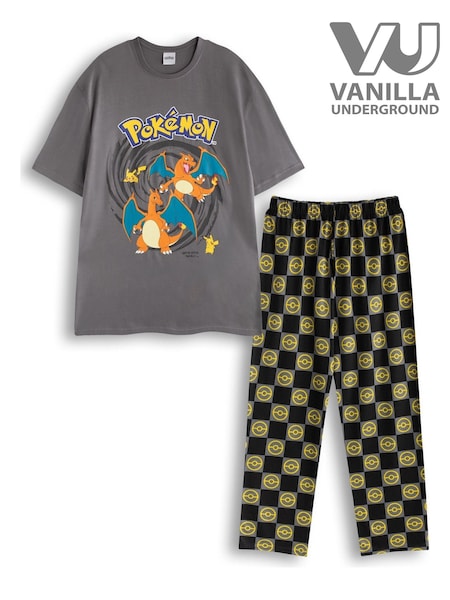 Vanilla Underground Black Mens Pokemon Multicoloured Short Sleeve Long Leg 100% Cotton Pyjamas Set (F89094) | €37