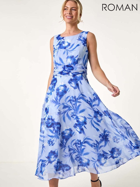 Roman Blue Petite Floral Print Midi Dress (F89100) | €83