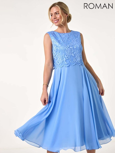 Roman Blue Petite Lace Overlay Midi Dress (F89105) | €100