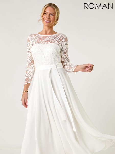 Valkoinen - Roman Petite Lace Solmio Vyötärö Maksimekko (F89109) | €142