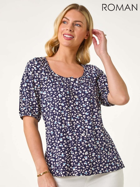 Roman Blue Petite Ditsy Print Button Front Top (F89114) | €40