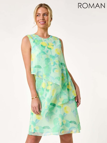 Roman Green Petite Lemon Print Layered A-Line Dress (F89119) | 297 QAR