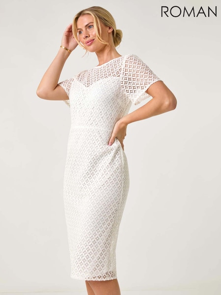 Roman White Petite Lace Short Sleeve Dress (F89128) | €93