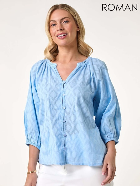 Roman Blue Textured 100% Cotton Blouse (F89131) | $77