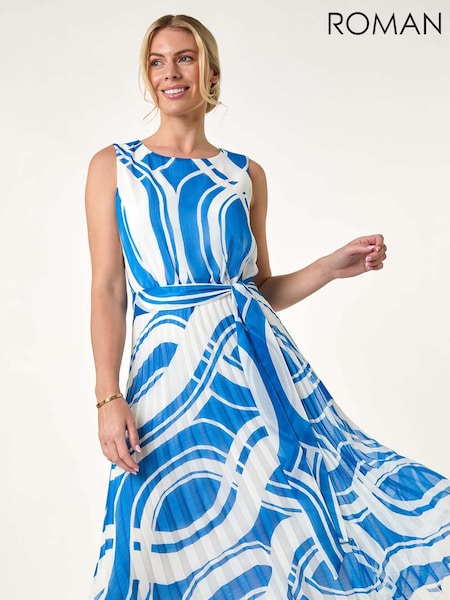 Roman Blue Petite Print Tie Waist Pleated Dress (F89132) | 346 QAR