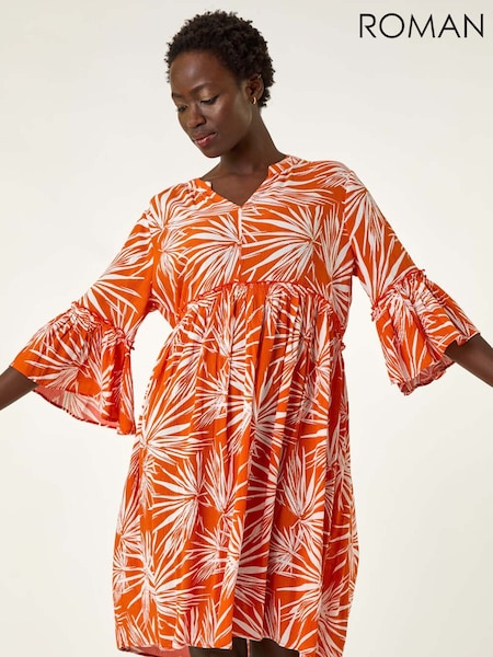 Roman Orange Abstract Print Crinkle Smock Dress (F89135) | €68