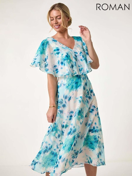 Roman Blue Petite Floral Print Cape Midi Dress (F89136) | €92
