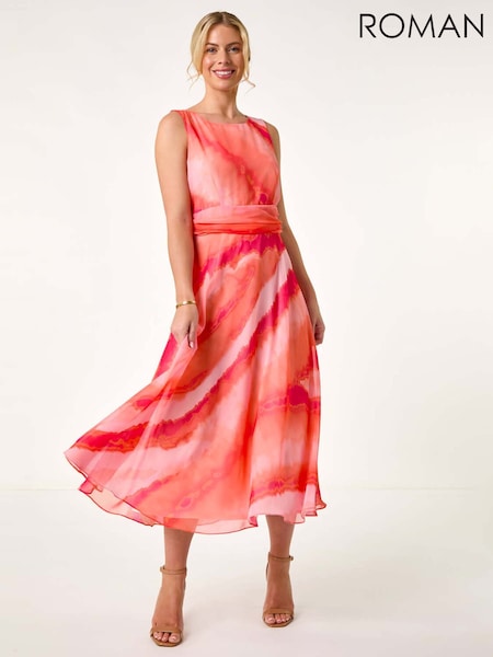 Roman Pink Sleeveless Abstract Print Midi Dress (F89143) | €86