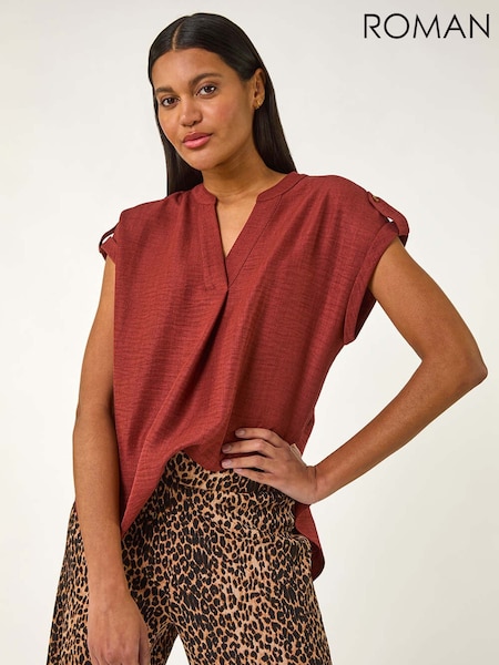 Roman Brown Pleated Notch Neck Top (F89148) | ₪201