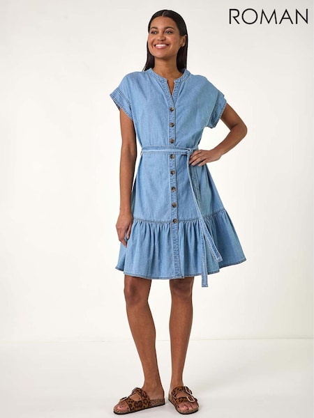 Roman Blue Denim Tiered Shirt 100% Cotton Dress (F89150) | ₪302