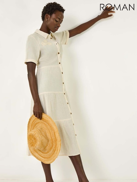 Roman Natural Embroidery Detail Tiered Midi Dress (F89152) | €73