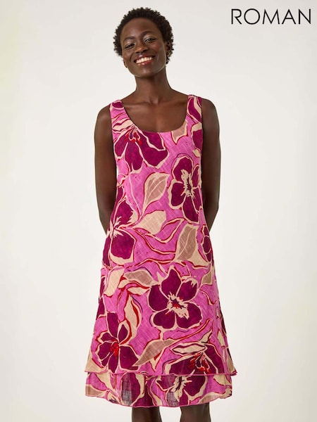 Roman Pink Floral Double Layer 100% Cotton Dress (F89155) | R$ 580