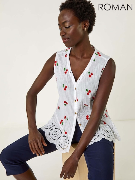 Roman White 100% Cotton Print Crinkle Button Blouse (F89158) | €51