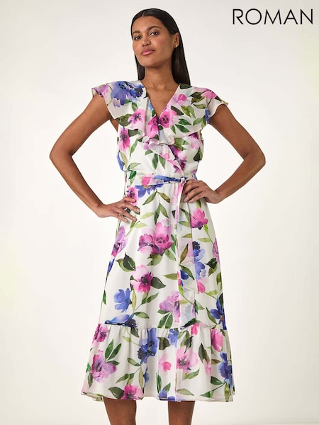 Roman White Floral Print Frill Wrap Midi Dress (F89161) | €96